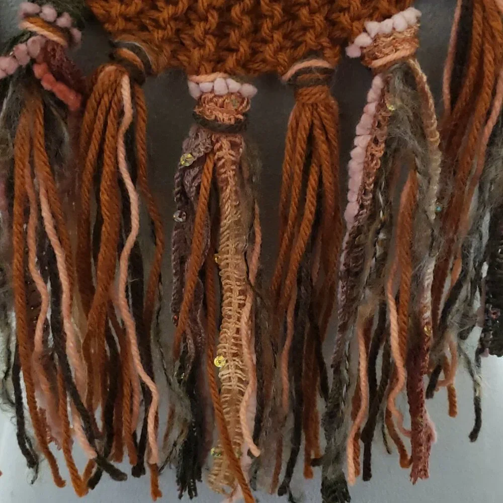 Cowl Scarf Fringe Hand Knitted Orange Rust Women's Boho Hippie Artsy Earthy Glam